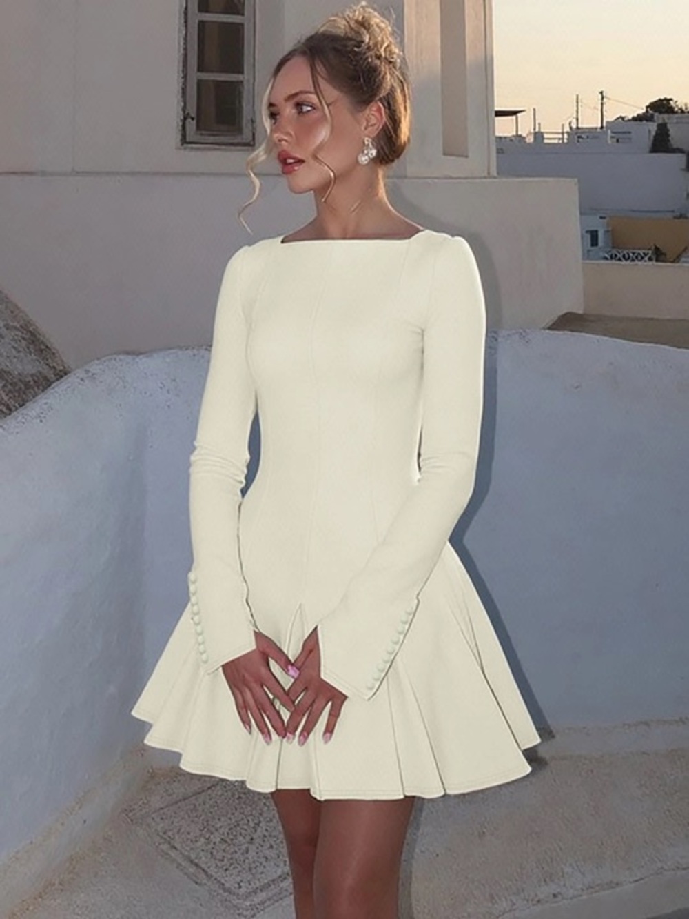 House of CB Francesca Vintage Cream Stretch Crepe Mini Long Sleeve Dress Sz S